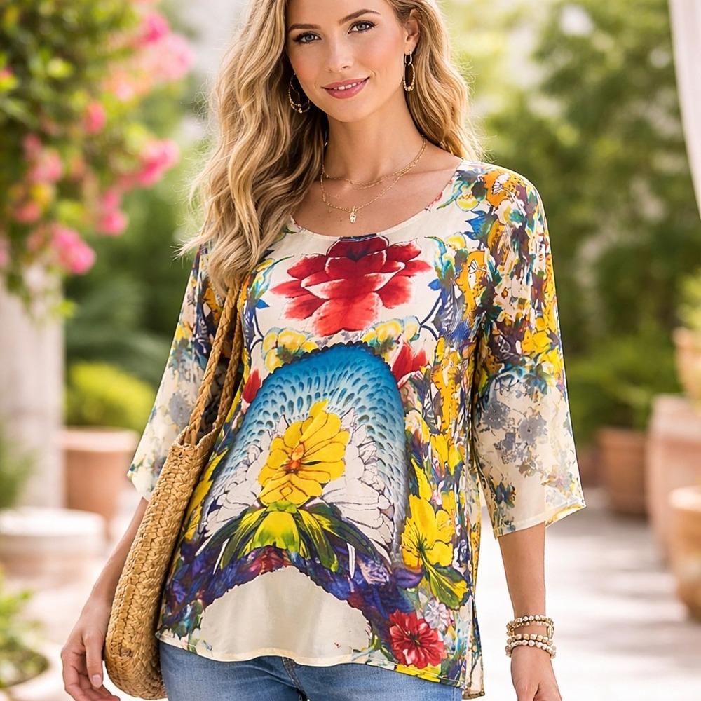 Johnny Was Floral red yellow Blouse‎ Top PXS Petite Colorful Cottagecore artsy